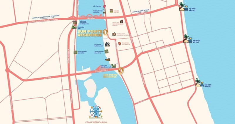 Vị trí Sun Ponte Residence tọa lạc đắc địa ngay mặt tiền đường Trần Hưng Đạo, phường An Hải Tây, quận Sơn Trà, thành phố Đà Nẵng
