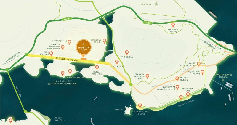 Imperia Holiday Hạ Long sở hữu vị trí chiến lược trên trục đường Hoàng Quốc Việt – tuyến giao thông huyết mạch của khu vực Bãi Cháy